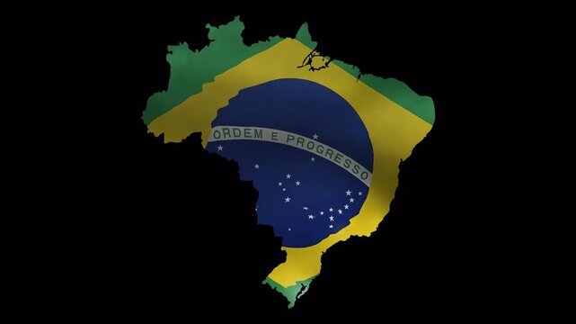 National Flag Fabric Waving Inside Brazil Map Boundary Isolated on Alpha Channel Loop 4K
