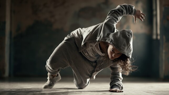 Young dancer performs dynamic breakdancing move