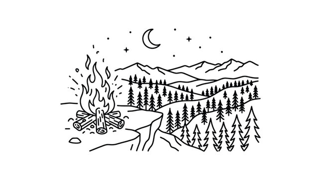 Campfire on cliff under moon and stars line art.