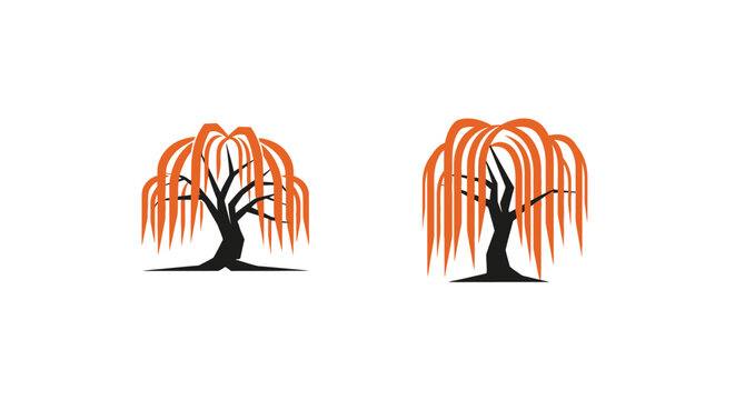 Two weeping willow tree illustrations with orange leaves.