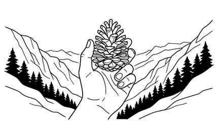 Hand holding pinecone before mountain valley © masa