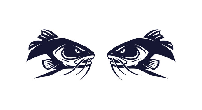 Two stylized fish facing each other in black silhouette.