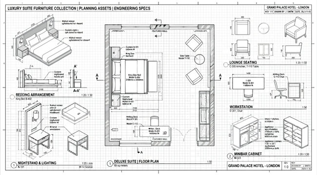 Luxury hotel suite furniture planning and engineering specifications sheet