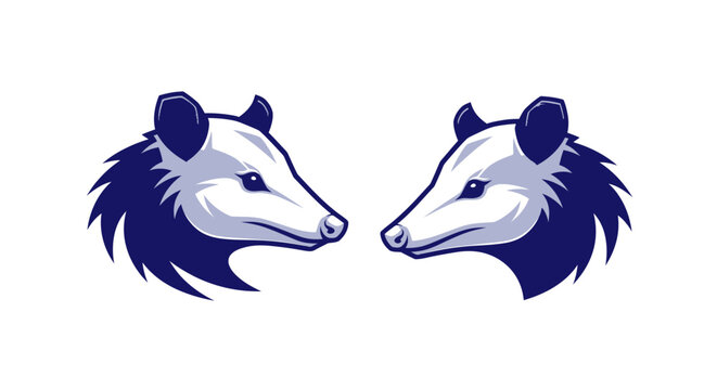 Two stylized opossum heads facing each other.