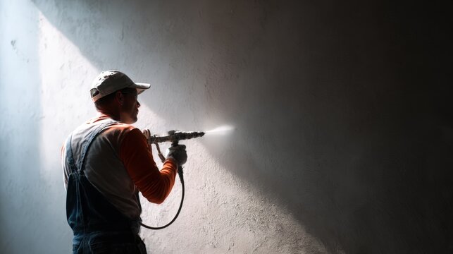 Worker sprays wall with pressure tool