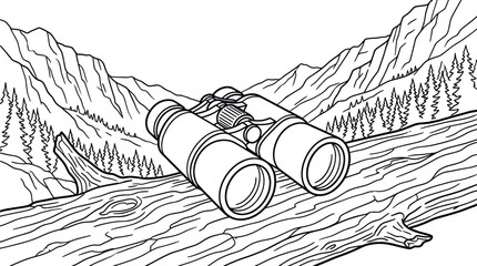 Binoculars on log overlooking mountain valley line art. © masa