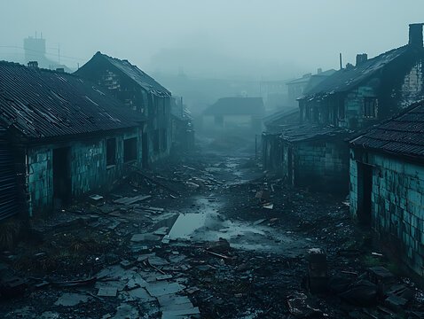 Desolate abandoned street with ruined buildings and debris under a foggy sky