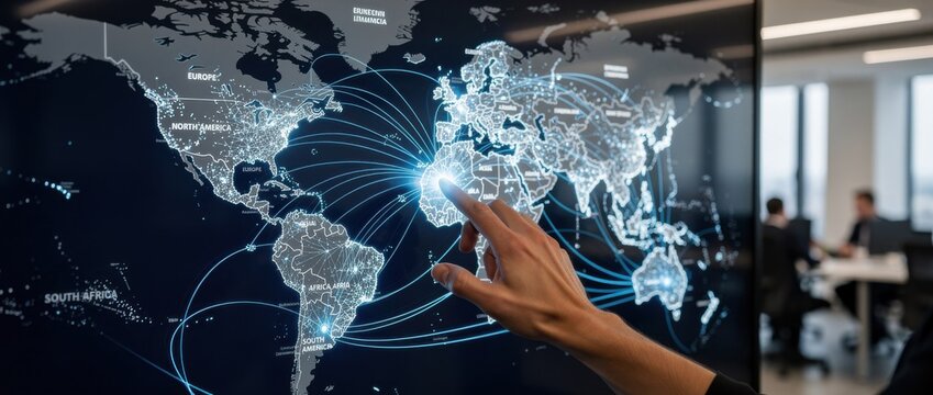 Detailed Futuristic World Map Display with Interconnected Lines and Hand Gesture in Modern Office Setting for Global Communication Concept