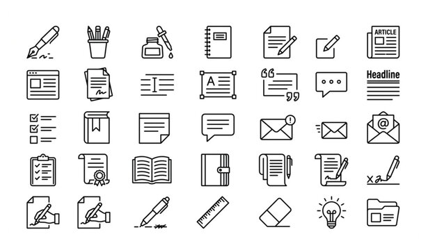 Modern Writing and Stationery Outline Icon Set Editable Stroke Linear Vector Pack