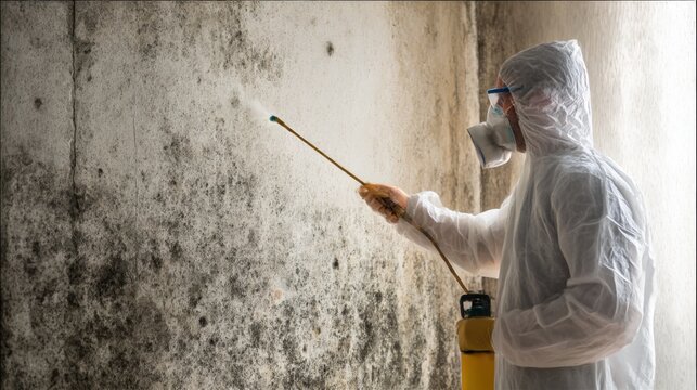Worker sprays mold from concrete wall
