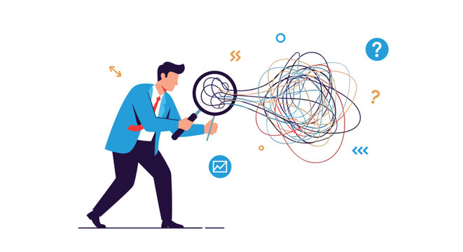 Businessman using a large magnifying glass to inspect a complex knot of tangled colorful wires symbolizing problem solving and analysis.