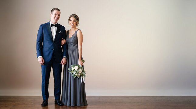 Happy couple in formal wear posing. Elegant man and woman in evening dress. Romantic pair in luxury attire