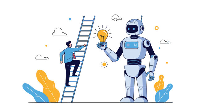 Giant robot artificial intelligence helper holds bright light bulb while businessman on ladder reaches for innovative ideas and creative solutions.