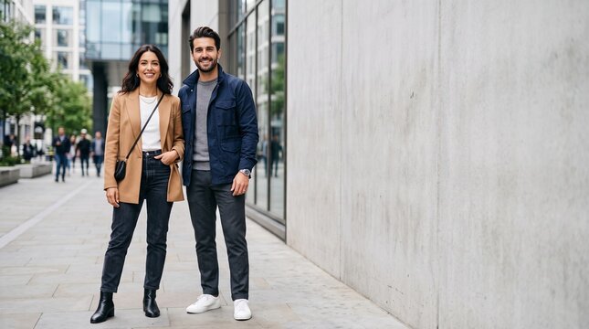 Young couple smiling and posing outdoors. Stylish man and woman standing together confidently. Professional models for urban lifestyle campaigns.