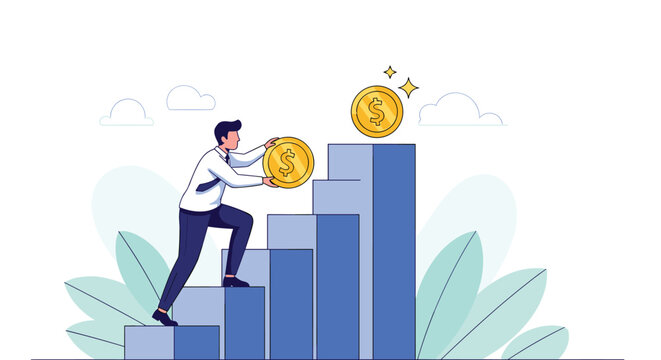 Persistent businessman pushing a golden dollar coin up a set of rising blue stairs to reach the top level of financial success and wealth.