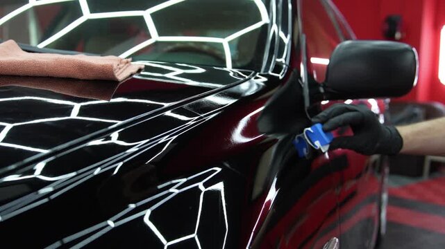 4K video of detailer applying liquid glass coating using a microfiber applicator pad. Nano-ceramic sealant for automotive paint protection and environmental resistance