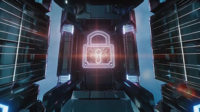 Cybersecurity data network security lock server firewall encryption, futuristic corridor, glowing metallic pillar, lock engraving