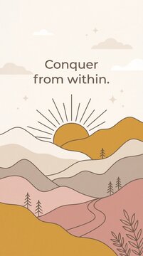 Inspirational mountain landscape illustration with motivational quote, minimalist boho sun and hills art, vertical nature background for social media