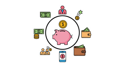 Fototapeta premium Piggy bank savings concept illustration with financial icons of money bills, wallets, coins, and mobile banking.
