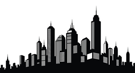 Fototapeta premium Modern city skyline black silhouette featuring a dense forest of skyscrapers of various heights on a white background.