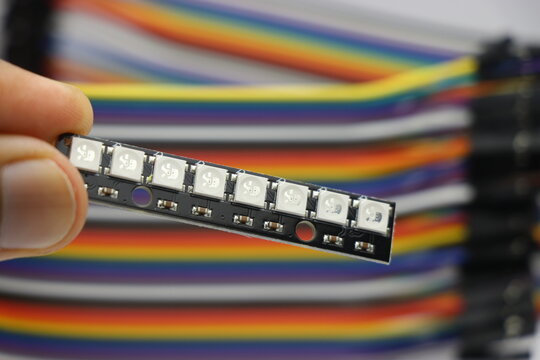 ws2812b addressable rgb led strip with 8 leds commonly used in diy electronics and microcontroller projects