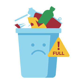Full trash can with sad face and warning sign on side overfilled with garbage