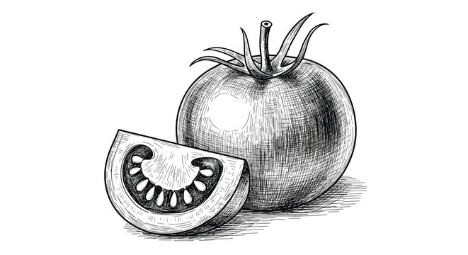 Fresh tomato and a ripe juicy tomato slice hand-drawn in classic retro sketch style isolated on a white background.