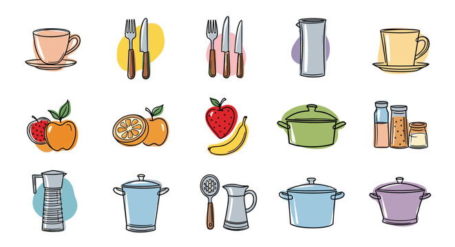 Culinary and kitchen items icons pack including cooking pots coffee cups cutlery and fresh fruits in watercolor style.