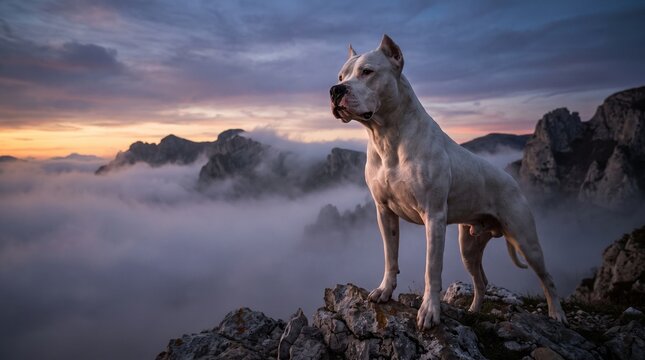 Majestic Dogo Argentino standing on mountain peak at sunset, powerful white dog overlooking foggy valley, heroic canine portrait in alpine landscape