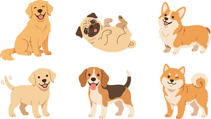 Obraz premium Cute dog cartoon vector illustration collection featuring Golden Retriever, Pug, Corgi, Labrador, Beagle and Shiba Inu pet character poses isolated on white background