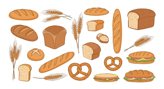 Extensive collection of freshly baked bread types, buns, baguettes, pretzels, sandwich slices, and golden wheat ears.
