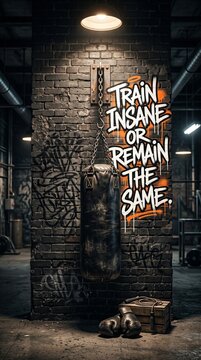Gritty underground boxing gym with punching bag, motivational graffiti wall with Train Insane or Remain the Same quote, dark industrial fitness studio