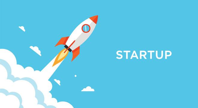 Business startup concept vector illustration with a rocket ship launching into sky above clouds on blue background.