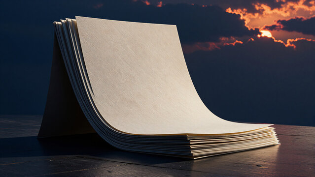 Blank White Paper Pages against a Dramatic Sunset Sky