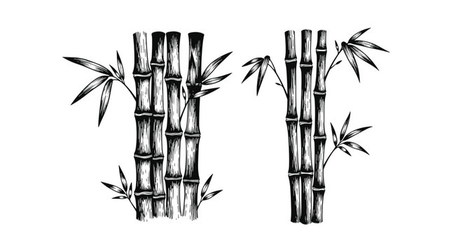 Detailed hand-drawn black ink sketch of oriental bamboo stems with leaves isolated on white background.