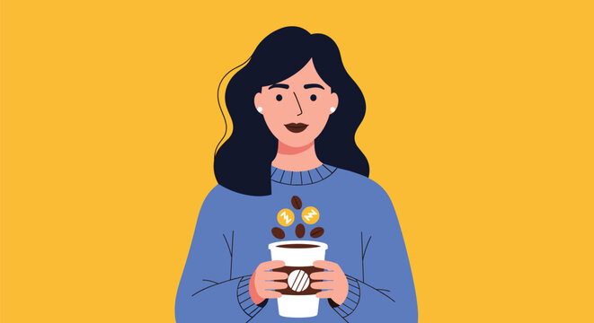 Young dark-haired woman holding a paper coffee cup with floating coffee beans and gold coin icons on yellow.