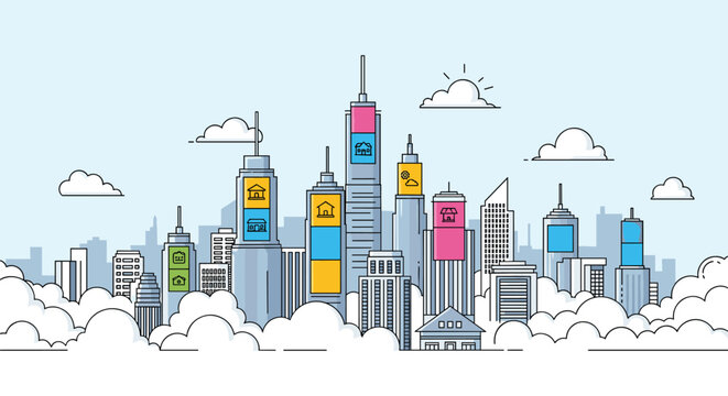 Modern smart city skyline towering over fluffy white clouds with real estate house icons on colorful screens.