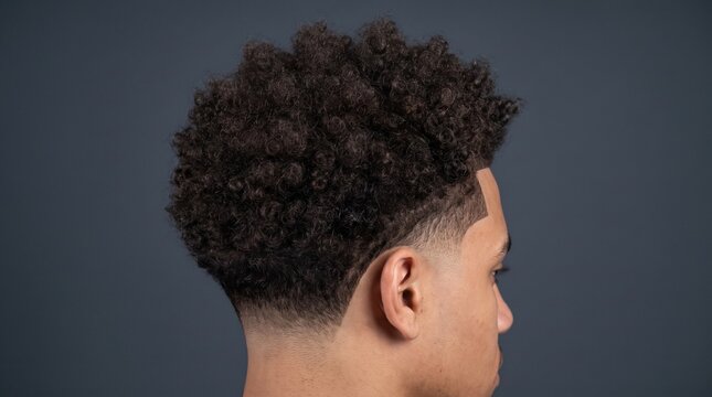 Modern afro taper fade haircut, professional mens grooming with textured curls, stylish barbershop hair design for black men on dark background