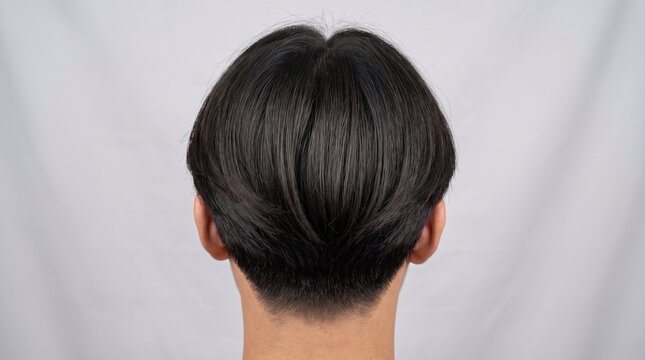 Modern mens bowl cut hairstyle from back view, trendy black hair undercut for men, professional male grooming and hair care concept