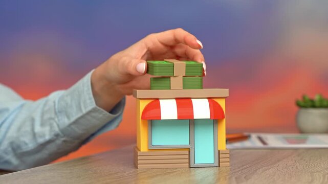 A store and stacks of banknotes on the roof. Business investment. Profit. Retail growth concept, capital allocation and income generation. Financial optimism, asset value and entrepreneurial success