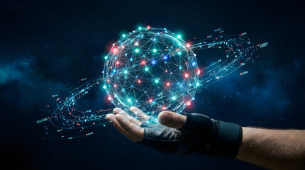 Fototapeta premium Human hand wearing a fingerless glove holding a glowing network sphere with interconnected nodes against a dark blue background.
