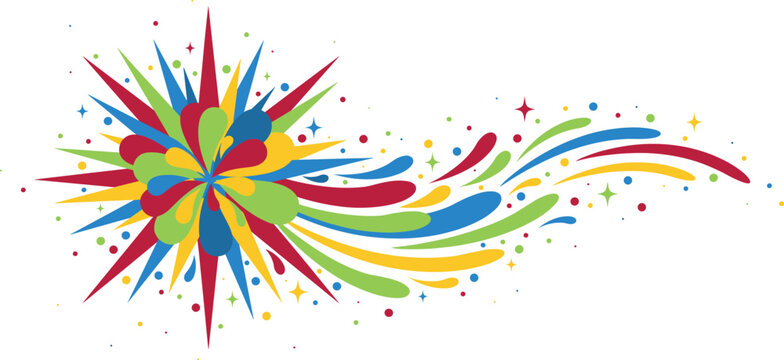Abstract colorful firework burst vector illustration featuring dynamic splash swish elements sparkling stars festive confetti trails and vibrant celebration graphic design.