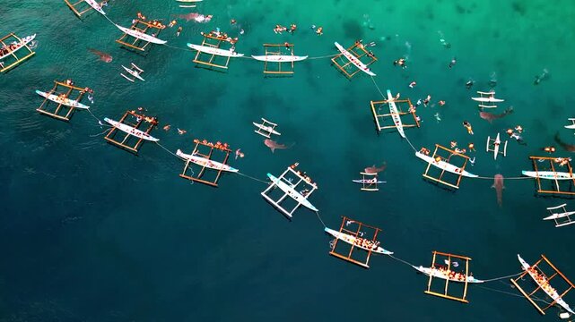 Bright, turquoise and Vivid Underwater Reef wuth Whales. Ocean Reef Bustling With Swimmers And Boats