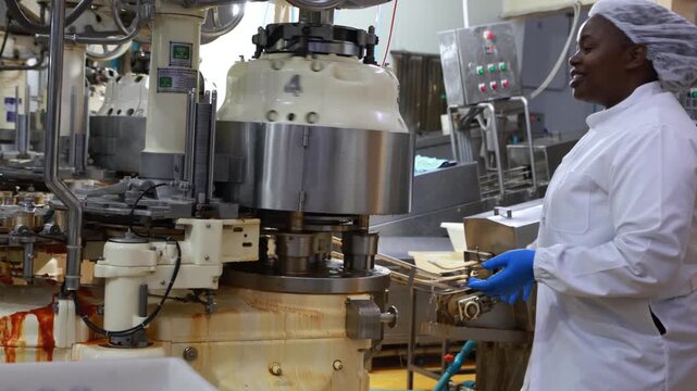Production supervisors wearing personal protective equipment meticulously inspect the mackerel sardine production line canning tomato sauce filling conveyor belts in industrial processing plants.
