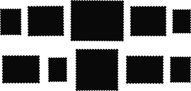 Collection of black postage stamps with serrated edges on white background