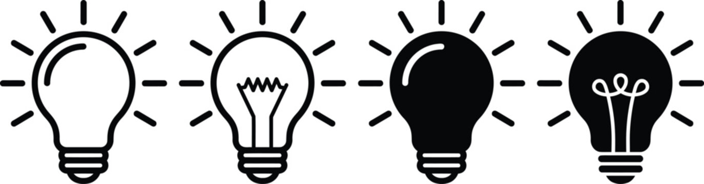 Four light bulb icons with glowing rays innovation ideas and energy solutions