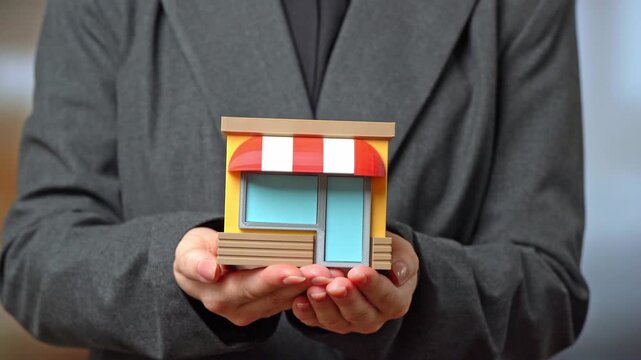 Business Woman holding a shop in her hands. Support for small businesses and entrepreneurship. Economic resilience and retail sector stability. SME support programs, economic development