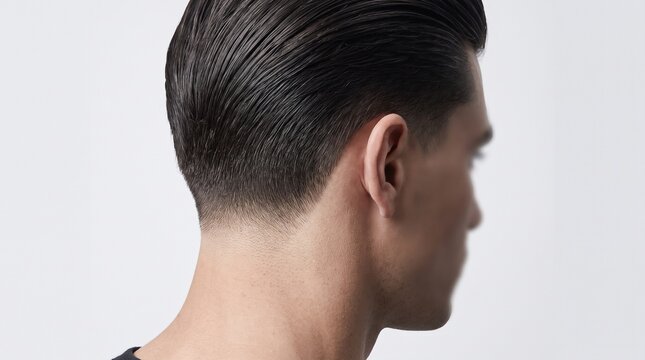 Slicked back hair on man with clean fade haircut, professional male hairstyle with pomade, rear view of modern barbershop styling on white background