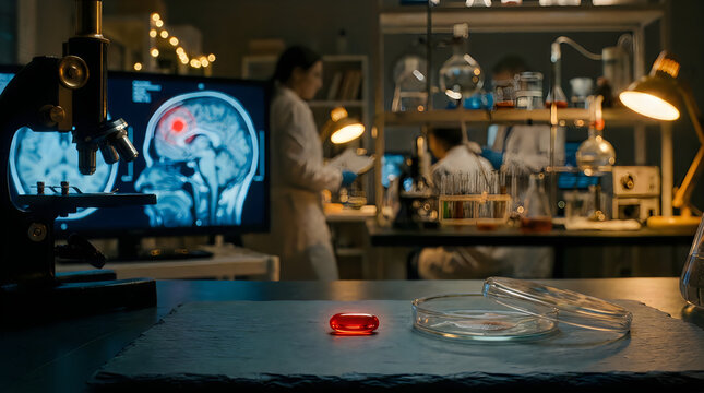 Medical research laboratory with microscope, brain scan, pill and scientists working in background.