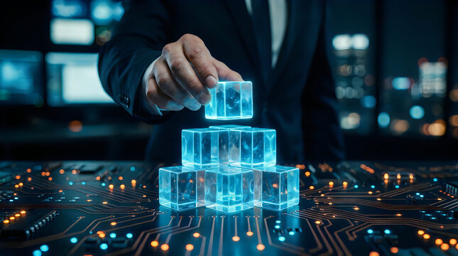 Businessman stacking glowing cubes representing blockchain technology and digital transformation, concept of innovation and data management solutions.